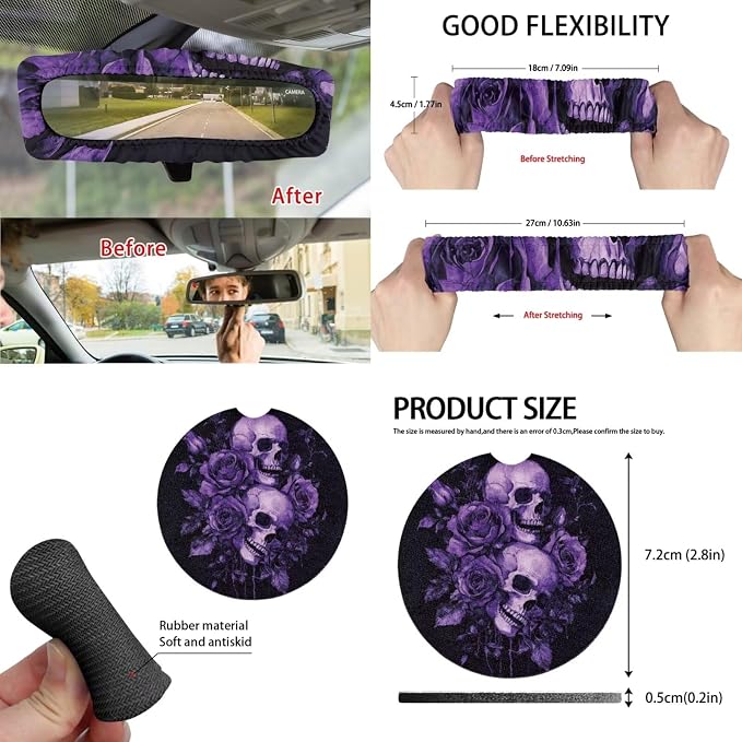 15 Pcs Purple Rose Skull Car Seat Covers Full Set for Women Goth Car Accessories Interior Car Steering Wheel Cover Seatbelt Covers Trash Bin Rear View Mirror Cover Cup Holders Keychain