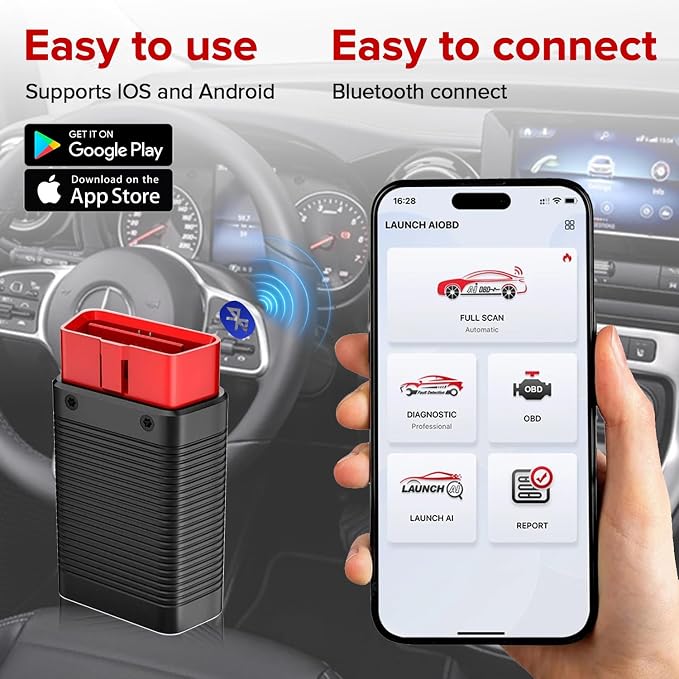 LAUNCH AIOBD Bluetooth OBD2 Scanner, Free Engine Diagnostics, Optional Subscription for Full System & Reset Functions, AI Code Explain, Cost Estimate, iOS Android, 1996+ OBDII Cars