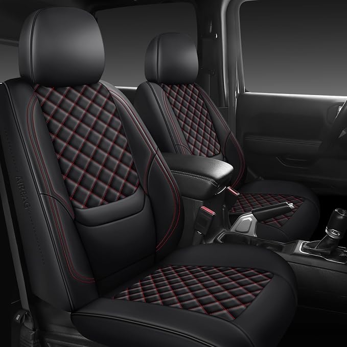 Wrangler Seat Covers 2018-2026 Full Set, Waterproof Leather Interior Sets with Lumbar Support Custom Fit for Jeep Wrangler JL 4 Door Unlimited Sahara/Sport/Rubicon X 392 Willys, Black Red