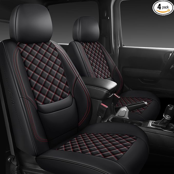 Wrangler Seat Covers 2007-2017 Front Pair, Waterproof Leather Interior Sets with Lumbar Support Custom Fit for Jeep Wrangler JK 2/4 Door Unlimited Sahara/Sport/Rubicon X 392 Willys, Black Red