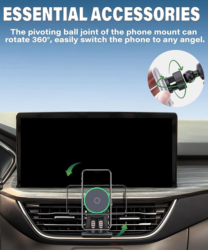 Car Phone Holder for Ford Escape 2020 2021 2022 2023 2024 Accessories 15W Fast Wireless Charger Adjustable Air Vent Cell Phone Mount Hands-Free 360 Degree Rotation
