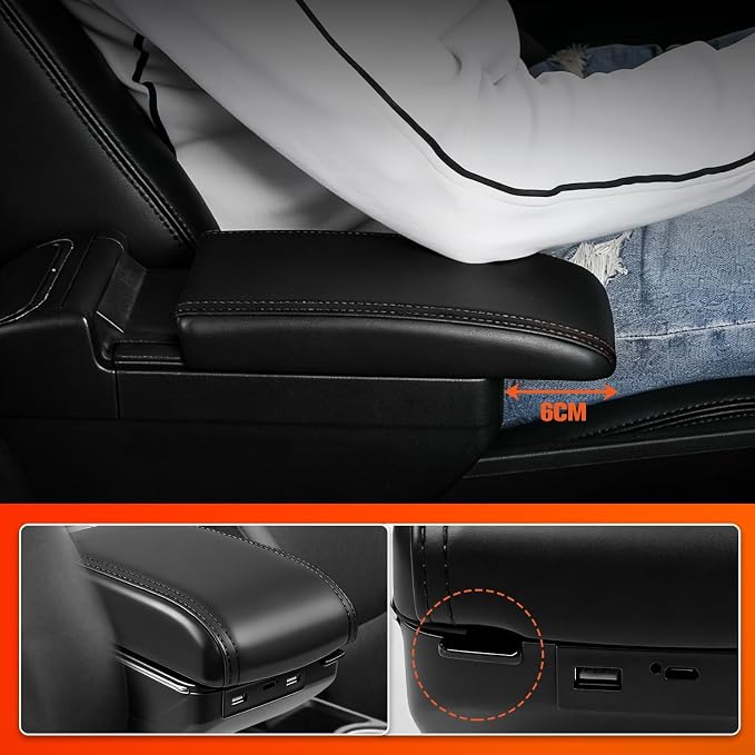 Armrest Box Compatible with Kia Rio 2012 2013 2014 2015 2016, Double Layer Black Leathe Center Console Organizer with 7 USB Ports, Adjustable Armrest Pad, Cup Holder,Ashtray(Black Thread)