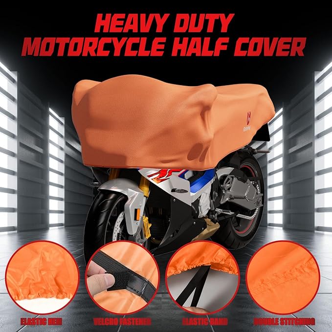 Rosefray 420D Motorcycle Half Cover-Outdoor Waterproof All Weather Protection Lightweight Half Cover, Orange M Size for Most Touring Models Harley Davidson,Honda Goldwing,Road King Street Glide
