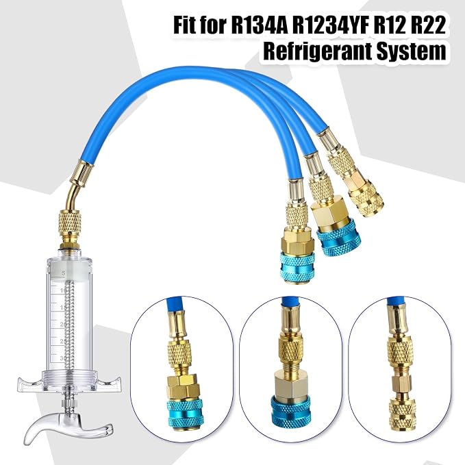 Tellegloww Ac Oil Dye Injector Kit 1/4 SAE with SAE R134a Oil Injector R1234yf Low Side Quick Coupler R410a Split Adapter Compatible with R134a R22 R12 R1234yf, Hand Push Compressor Manual 1oz/30ml