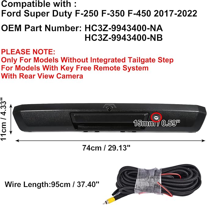 Tailgate Handle with Backup Camera for 2017-2022 Ford F250 F350 F450 Super Duty Without Release Button Pickup Truck Rear View Parking Reverse Camera Replacement OE# HC3Z-9943400-NB HC3Z-9943400-NA