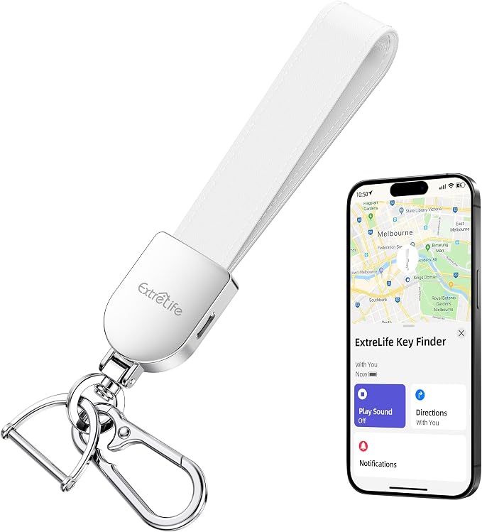 ExtreLife Keychain, Works with Apple Find My, Leather Car Keychain for Women and Men, Car Key Fob Holder, Key Chain with GPS Tracker, Anti-Lost Smart Keys Finder, Rechargeable, White