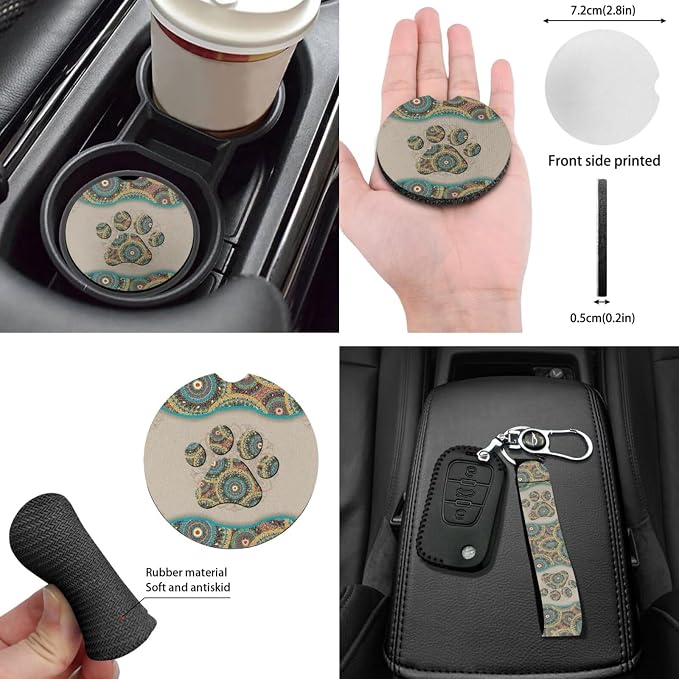 14 Pack Boho Dog Paw Car Seat Covers Full Sets Boho Car Interior Set with Universal Fit Steering Wheel Cover/Seat Belt/Keyring/Coaster/Car Rear View Mirror Covers Automotive Interior Sets