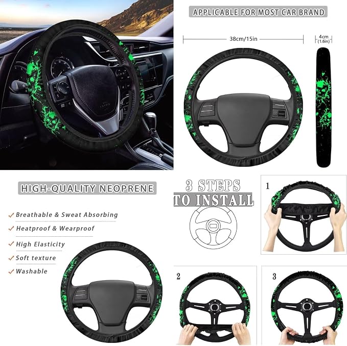 Howilath Green Glowing Skull Front Car Seat Covers Set with Interior Accessories Steering Wheel Cover/Seatbelt Pads/Keychain/Armrest Cushion/Coasters Fit Sedan Truck Van - 10 Packs