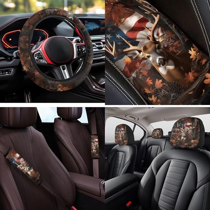 Bulopur Deer Hunting Camo Auto Seat Covers Full Set with Car Armrest Pad Seat Belt Covers Keychain American Flag Automotive Interior Decor Set for Truck SUV Van 14 Pack