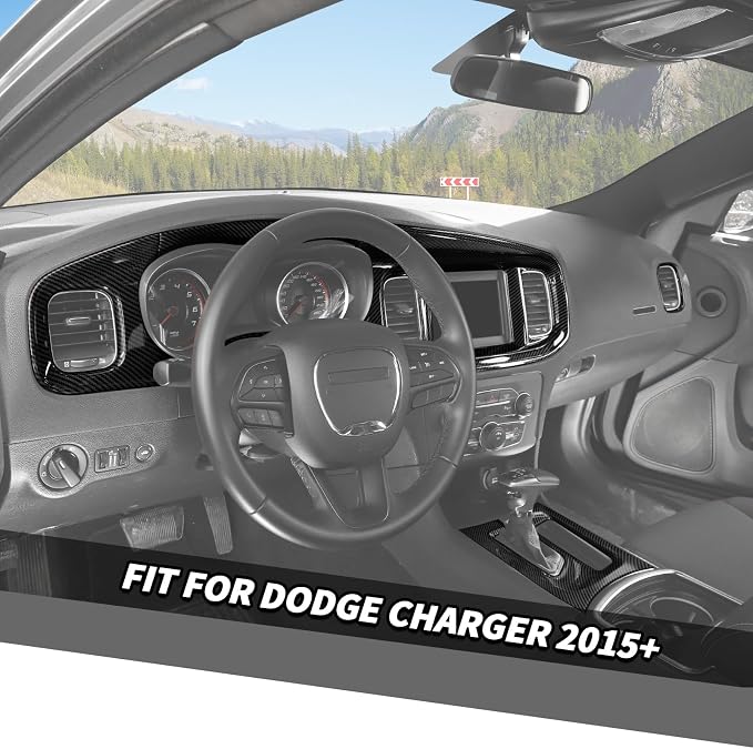 Jimen Fit for Dodge Charger 2015-2023, Center Console Dash Instrument Panel & Gear Shift Cover Trim (Carbon Fiber)