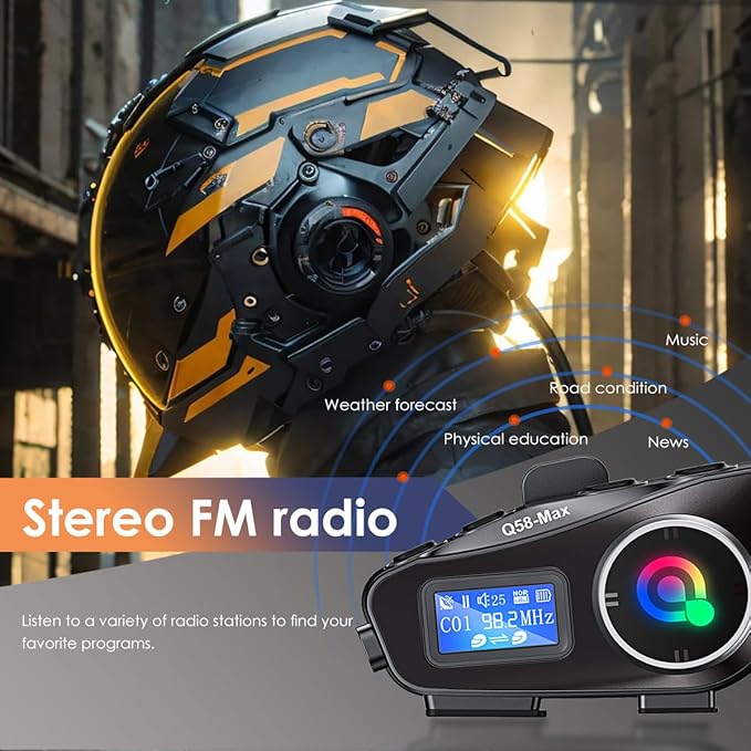 Bluetooth Motorcycle Helmet Intercom, 1500 feet Wireless Communication, Built-in Display, FM Radio, Noise Reduction, Music Sharing for 2 Riders, Waterproof, High Volume Sound Quality. 1000mAh, 2-Pack