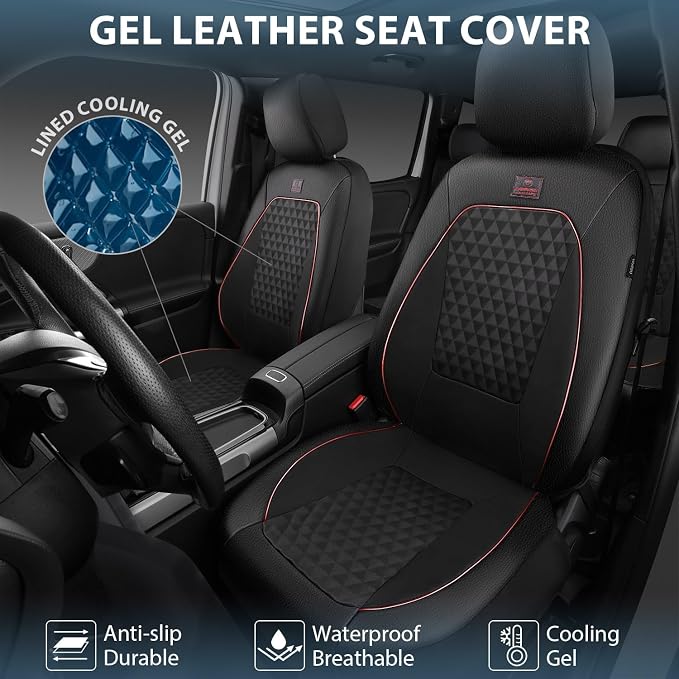 CAR PASS Leather Car Seat Covers Gel Wetsuit PU Full Set Seat Covers Waterproof EVA All Weather Neoprene Universal Fit Pickup SUV Truck Sedan Automotive, Armrest Airbag Compatible, Rhombic Red Strip