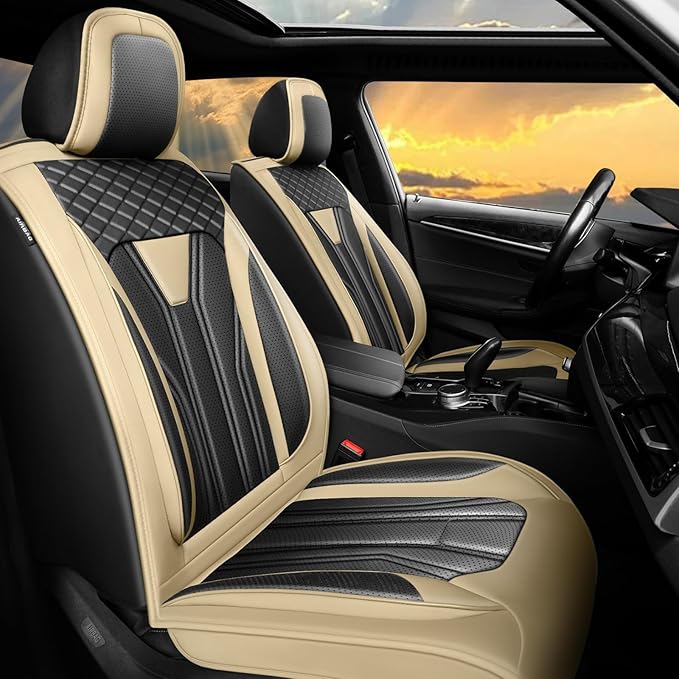 Fit Camry Car Seat Covers Premium Leather for Toyota Camry 2015-2025 2026. Waterproof， Anti-Slip, Scratch-Resistant & All-Weather Seat Cushion Protector (Full Set, Beige&Black)
