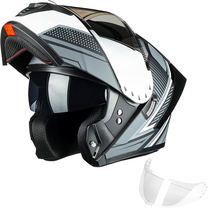 ILM Modular Motorcycle Helmet for Adults Full Face Flip up Riding with Dual Visor Street Bike Racing DOT Model MM966 (Black White, 2XL)