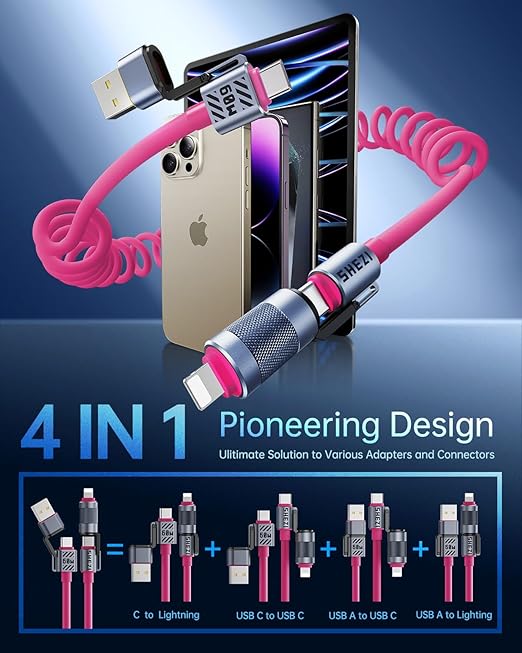 4-in-1 Coiled USB C Cable for Car 5FT [60W Fast Charging] Compatible with Lightning Cable [CarPlay & Android Auto] Multi Charger Cord Combo with L/Type C/USB A Ports for iPhone/iPad (Pink)