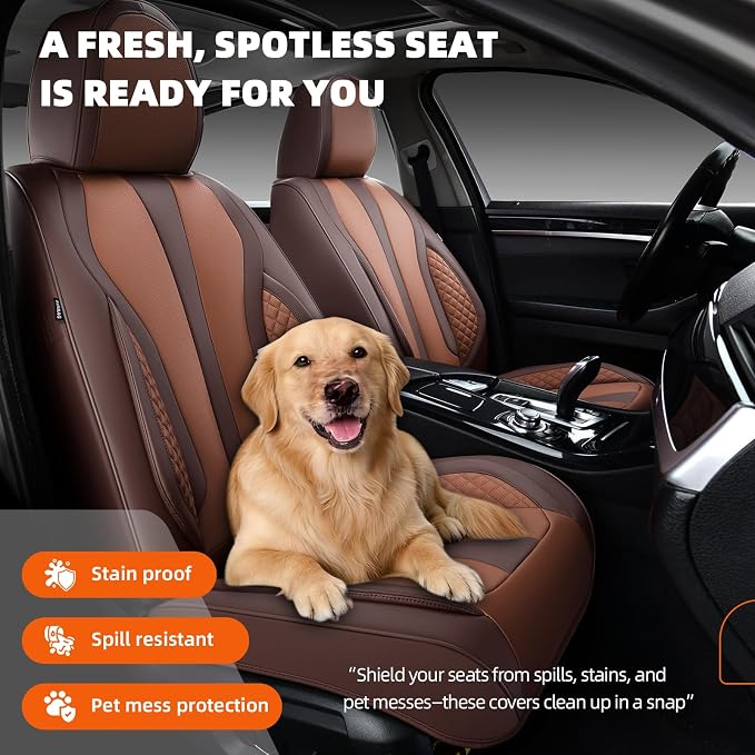 2-Seater Car Seat Covers Full Set, Fit for Front Seats of Cars, Waterproof and Breathable Nappa Leather, Compatible with Airbags, Car Seat Protector Covers for Most Cars -Coffee Brown