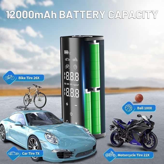 Tire lnflator Portable Air Compressor, 150PSI Cordless & 4X Faster Inflation, 12000 mAh Air Pump, 7.4" Touch Full Screen, Tire Pump with Tire Gauge Pressure for Car/Motorcycle/Bike, Dual-Use Type