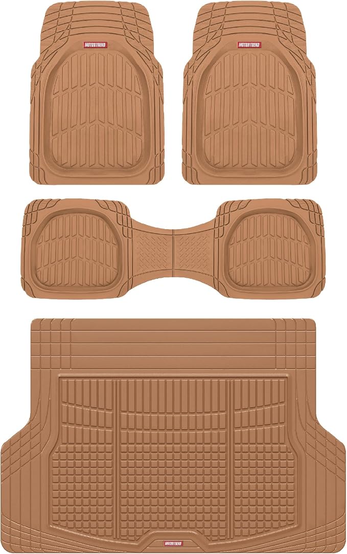 Motor Trend FlexTough Contour Liners Deep Dish 3 pc Rubber Floor Mats & Trimmable Trunk Liner Cargo Mat - Heavy Duty All Weather Protection Car Mats with Traction Grips Car Accessories (Beige)