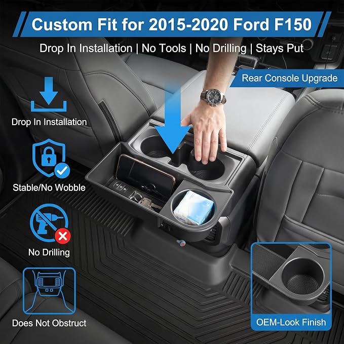 Rear Console Cup Holder Fits for 2021-2026 Ford F150 Bucket Seats Behind Armrest Tray Console Organizer Rear Cup Insert Compatible with F150 Interior Accessories Back Center Console Storage