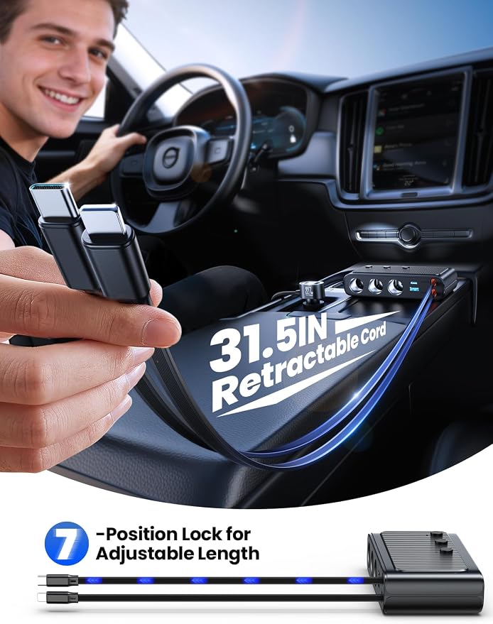 JOYROOM 9 in 1 Cigarette Lighter Splitter, 227W Dual Retractable Car Charger - 45W/24V(36W/12V) USB C Fast Charger for iPhone 17/Samsung, Independent Switches Cigarette Lighter Adapter for Car Devices