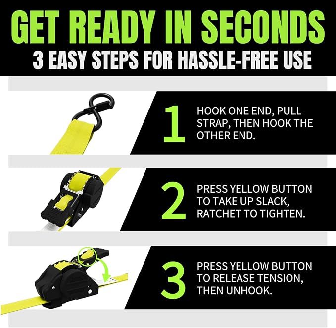 Retractable Ratchet Straps, 4-Pack, 1 Inch x 12 Feet Heavy Duty Tie Downs, 1760lb Break Strength, Self Retracting for Truck, Cargo, Trailer, Motorcycle, ATV, UTV (Yellow, 4pack)
