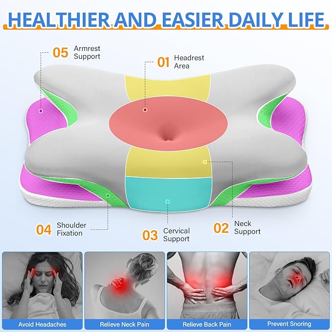 Cervical Neck Pillow, Ergonomic Memory Foam Pillows for Neck Pain Relief with Breathable Pillowcase, Adjustable Contour Neck Support Pillow for Side Back Stomach Sleepers (Silver)