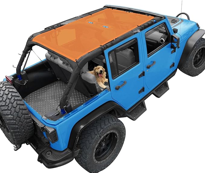 JK Sun Shade Top Compatible with Jeep Wrangler 4 Door 2007 to 2018 Sunshade Sunroof Bikini Cover Blocks UV Wind Noise Orange Mesh for Full Length