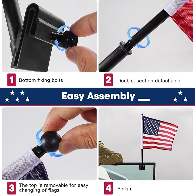 2Pack Car Flag with Flagpole Mount & American Flag, 12" x 16" Two-section Removable Flagpole, 19" USA Flag Pole Fixed Window Adjustable Clip Mount For Most Vehicle Window