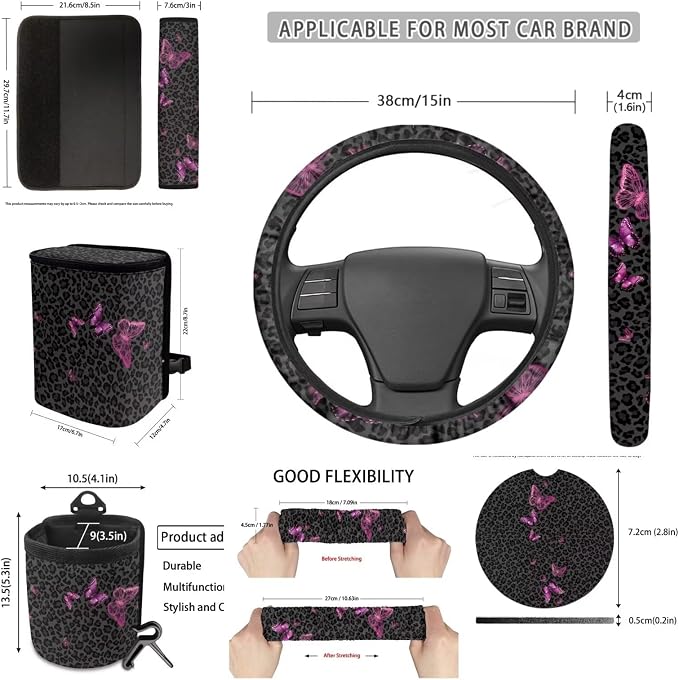 Dreaweet Black Leopard Print Car Seat Covers Full Set Purple Butterfly Car Accessories Steering Wheel Cover Seatbelt Covers Trash Bin Rear View Mirror Cover Cup Holders Keychain Air Vent Storage Pouch
