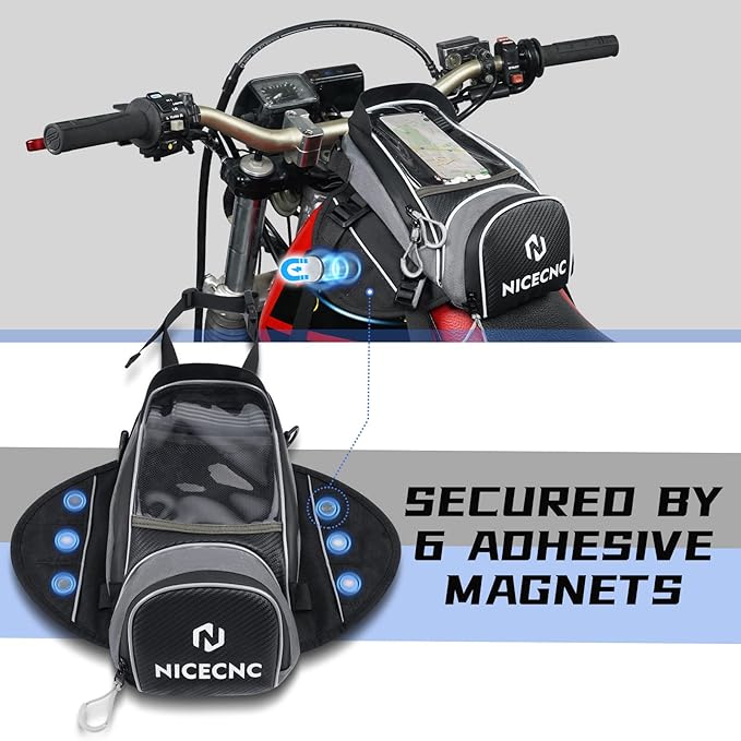 NICECNC Motorcycle Gas Tank Bag Magnetic, 6 Magnets & 5 Straps Reinforced, Detachable Anti-Slip Base Portable, Dirt Bike Tank Bag Storage Bag Muti-Functions for Men Women Cycling Hiking Camping