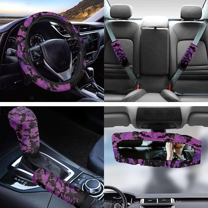 Halloween Bat Car Seat Covers Accessory 14Pcs Tie Dye 15 Inch Steering Wheel Cover,Seatbelt Pad,Bat Coaster,Keychain,Interior Mirror Cover,Gear Shift Knob & Handbreak Cushion for Most Vehicle