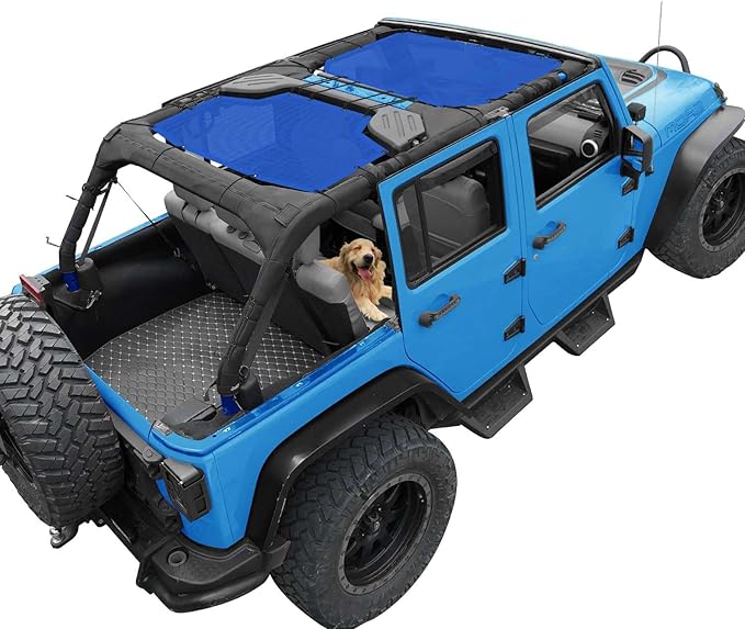 JK Sun Shade Top Compatible with Jeep Wrangler 4 Door 2007 to 2018 Sunshade Sunroof Bikini Cover Blocks UV Wind Noise Blue Mesh for Front and Rear 2 pcs