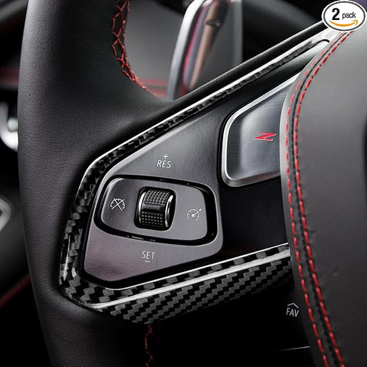 Steering Wheel Button Frames Covers with Real Carbon Fiber - 2PCS for C8 Steering Wheel Button Frames Stickers, Steering Wheel Accessories for Corvette C8 2020 2021 2022 2023 2024 2025 (Black)