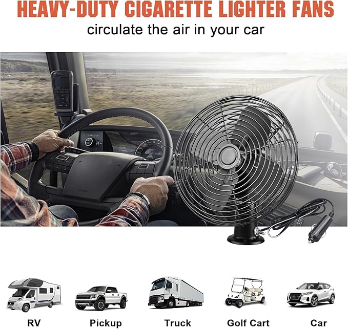 12V Portable Fan RV | Truck Cooling Heavy Duty 9" Metal Clip-On Car Fan Bus | Boat | Forklift | Car | Camper | Lawn | Mower | Tractor 2-Speed High Velocity Black