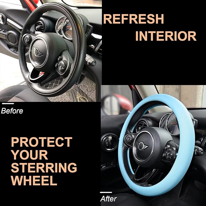 PINCTROT Large Size Nappa Leather Steering Wheel Cover, Slim Fit No Bulk Design, One Piece Leather with Breathable Perforation, Fit Like Gloves, 15.5-15.75 Inch(Nappa Aqua)