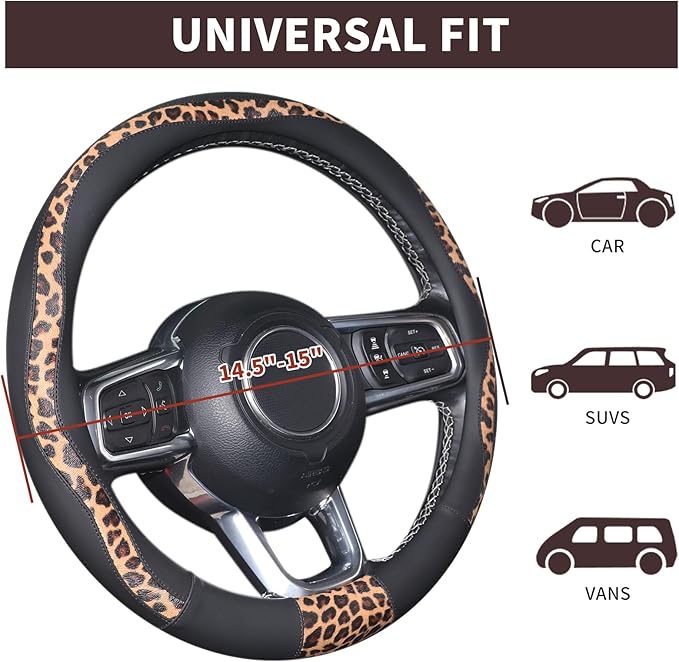 Leopard Steering Wheel Cover, Breathable Microfiber Leather Universal 14.5-15 inch for Most Automotive Steering Wheel Cheetah Print, Black