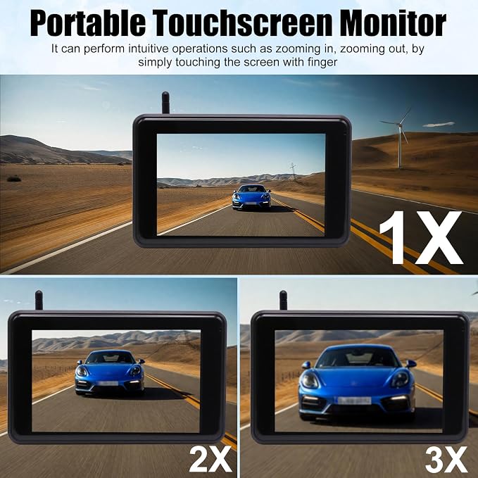 Magnetic Solar Wireless Backup Camera with AI Detection Alert, 5” 1080P HD 4-Split Monitor, 9600mAh Battery, IP67 Clear Night Vision, Video Recording Rear View Camera for Truck RV Trailer 5th Wheels
