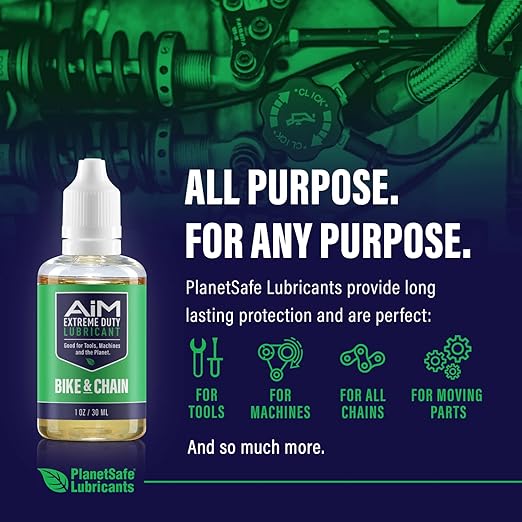 PlanetSafe Lubricants AiM Bike Chain Lube - 1oz - Bicycle Chain Lubricant for Road, Mountain & MTB Bikes - Dry and Wet Conditions - Non Hazardous, Safe for You - Made in the USA!