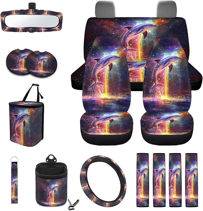 Dolphin Sea Galaxy Print 15 PCS Auto Interior Sets with Front and Rear Seat Covers, Steering Wheel Cover, Seat Strap Pads, Trash Can, Coasters Keychain and Air Vent Storage Bag