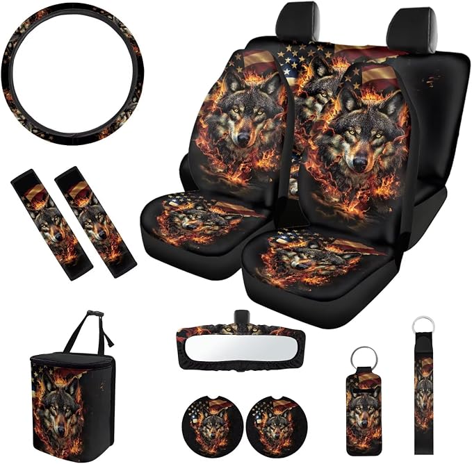 Flag Wolf Car Seat Covers Set of 12 Steering Wheel Cover Seat Belt Pads Car Trash Can Car Keychain Holder Chapstick Holder Suitable for Cars, SUV and Trucks in All Seasons