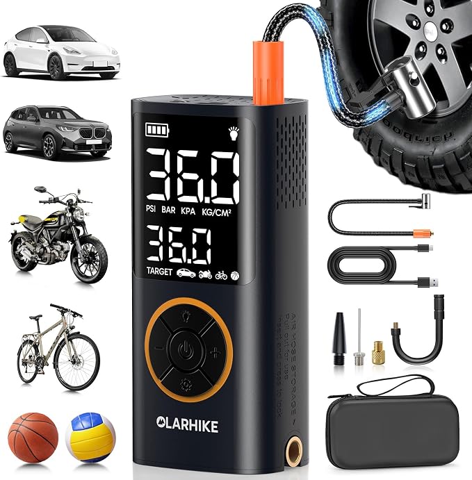 OlarHike Tire Inflator Portable Air Compressor, Smart Dual Hose System, Auto Air Pump for Car Tires, Bike,Bicycle, Motorcycles,Electric Pump with LED Light & Digital Pressure Gauge