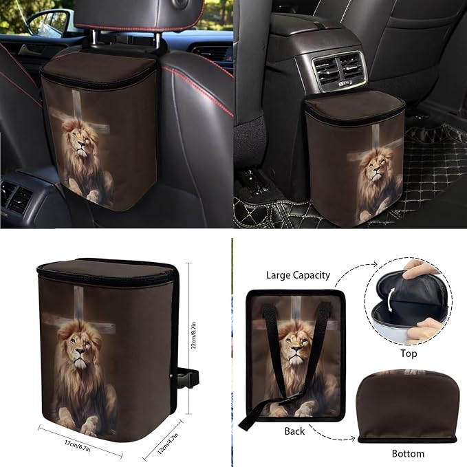 Lion Cross Print 10 Pack Car Accessories, Front and Rear Seat Covers Car Trash Bin Cup Holders Lanyard Keychain Air Vent Storage Bag Steering Wheel Cover Car Interior Decor Fit Most Cars
