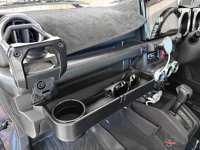 Grab Bar Tray Passenger Side Co-Pilot Handle Expansion Storage Tray Organizer Box Cup Holder Fit for Suzuki Jimny 2019-2025 Interior Accessories (Carbon Fiber Look Ring)