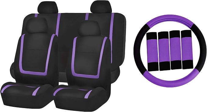 FH Group Automotive Seat Covers Unique Flat Cloth Purple Full Set, Combo Steering Wheel Cover and Seat Belt Pads Rear Solid Bench Universal Fit for Vans Cars Trucks and SUV Interior Accessories