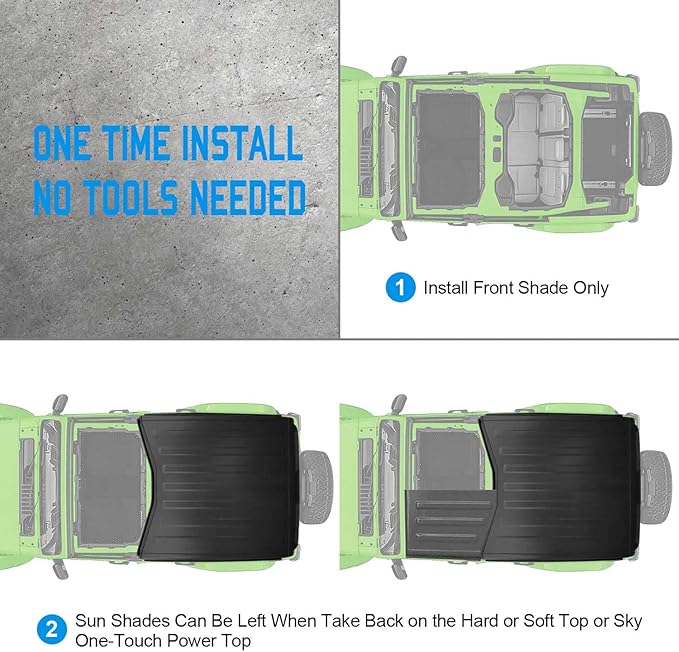 JT JL Top Sun Shade Roof Compatible with Jeep Wrangler and Gladiator 2 or 4 Door 2018 to 2023 Sunshade Sunroof Blocks UV Wind Noise Gray Mesh for Front