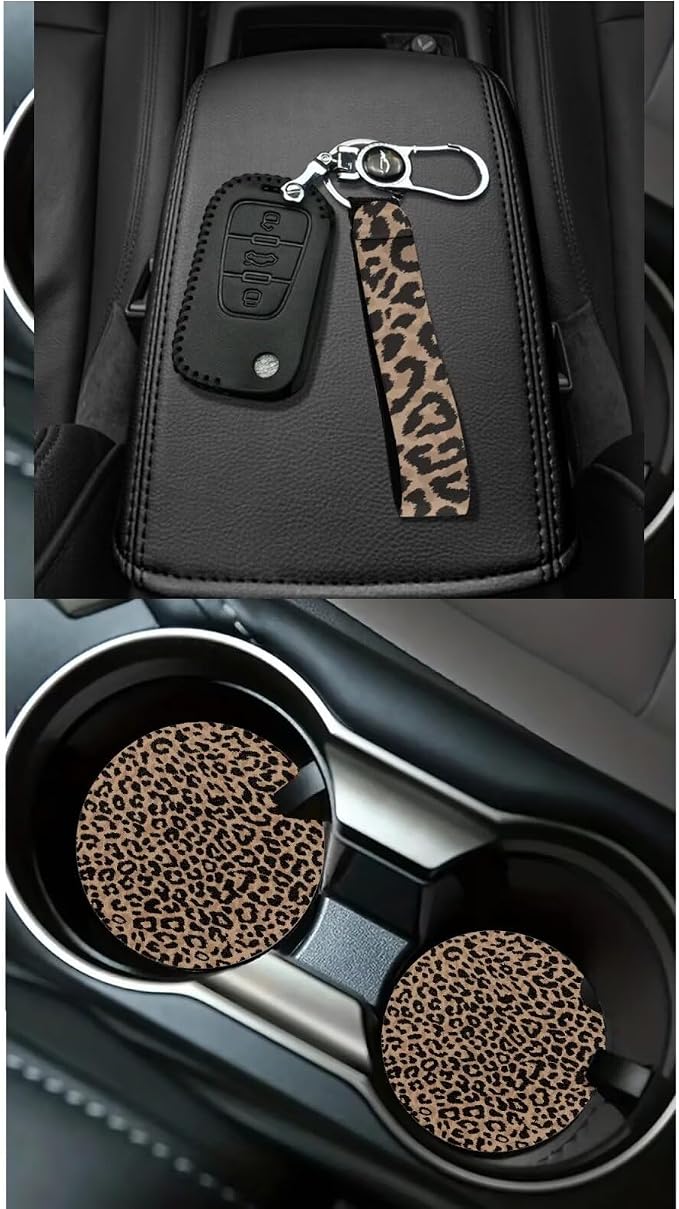 Dreaweet Brown Leopard Print Car Seat Covers Full Set for Women Cheetah Car Accessories Steering Wheel Cover Seat Belt Pads Car Coasters Trash Bag Air Vent Storage Bag Rearview Mirror Cover Keychain