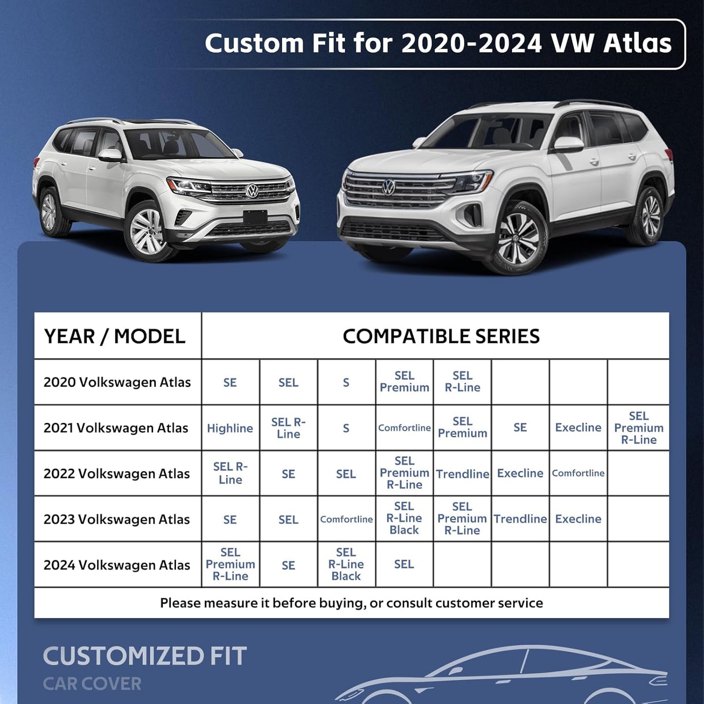 10 Layers SUV Car Cover Custom Fit for Volkswagen VW Atlas (2017-2024) Waterproof All Weather for Automobiles, Outdoor Full Cover Sun UV Rain Protection with Cotton.Black