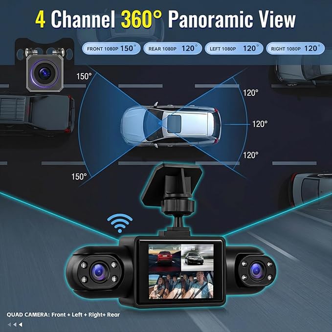 NHOPEEW 4 Channel Dash Cam 360° Front and Rear Inside Left Right, Dash Camera for Cars, Built-in Night Vision, Sensitive Motion Detection, Motion Detection, Parking Mode, Loop Recording + 32G TF Card