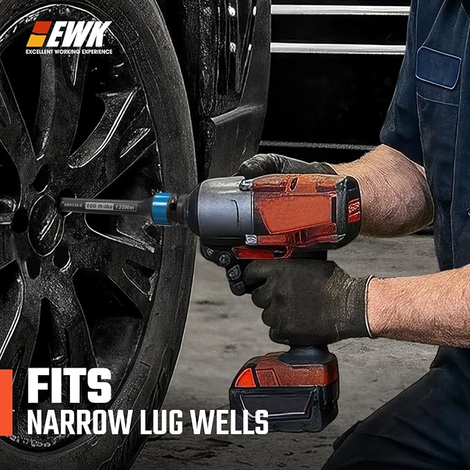 EWK 9-Piece 1/2 Inch Drive Thin Wall Flip Lug Nut Impact Socket and Torque Stick Set, 17x19mm 21x22mm 3/4x13/16 7/8x15/16, 80 100 120 150 Ft-lbs Torque Limiting Extensions for Wheel Service
