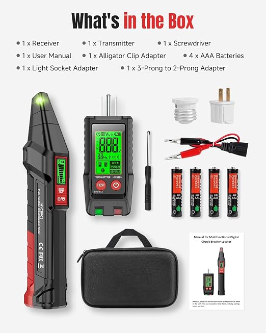 Circuit Breaker Finder Kit, GFCI Tester Circuit Tracer with NCV Test, Flashlight, LCD Receiver, Carry Case & Adapters for 90-250V AC Home Circuits
